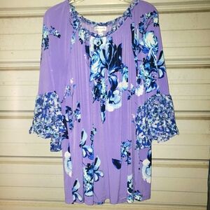 3X Plus Size Susan Graver Purple Floral Top Blouse Spring Easter Shirt